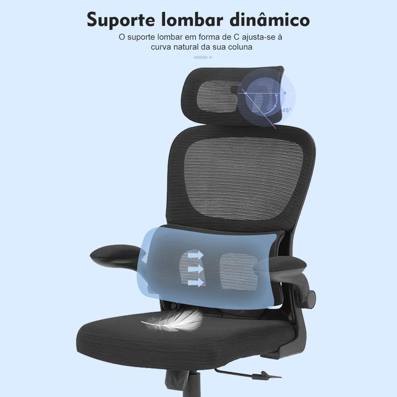 Cadeira de escritório, design ergonômico com suporte lombar independente, malha respirável e encosto de cabeça ajustável (Preto)