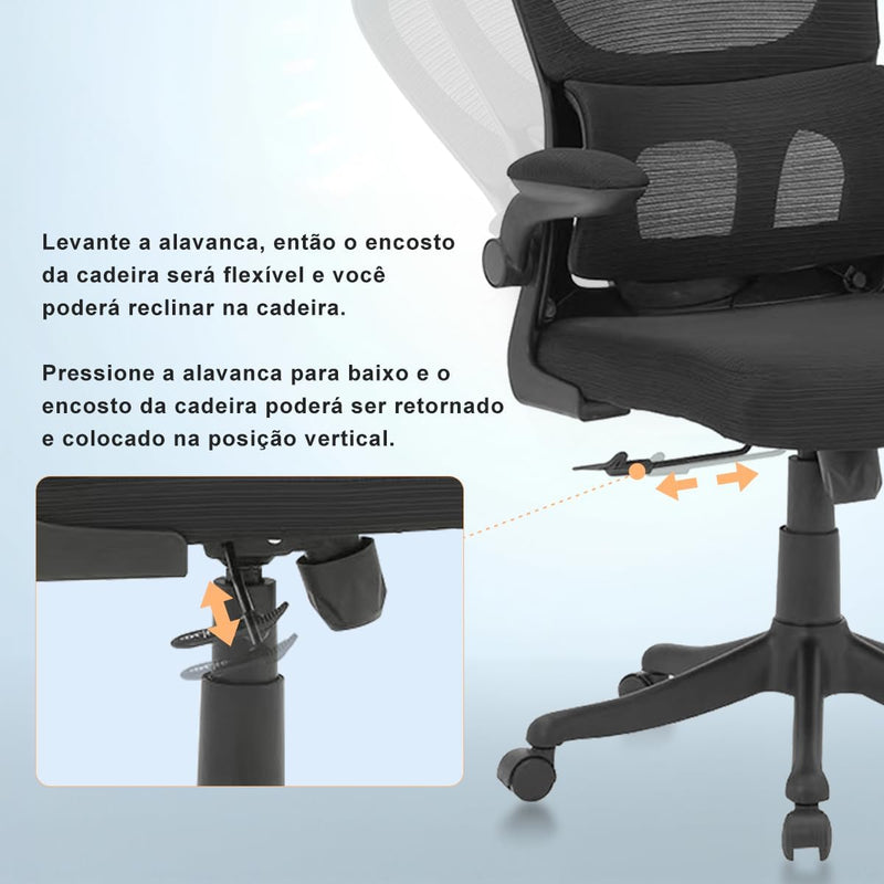 Cadeira de escritório, design ergonômico com suporte lombar independente, malha respirável e encosto de cabeça ajustável (Preto)