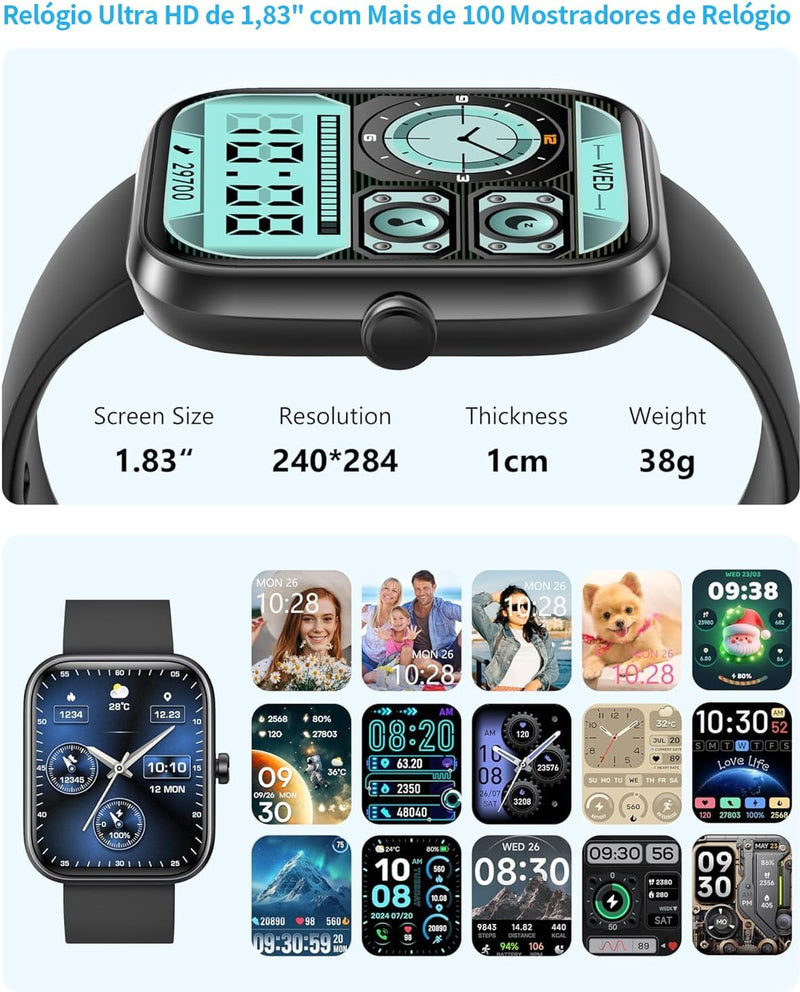Smartwatch Relógio Inteligente, Tela HD de 1,83" Relógio Fitness com Alexa, 120 Esportes, Frequência Cardíaca e Monitoramento do Sono, IP68 à rova d'água, Compatível com Android iOS, 2 Pulseiras Preto