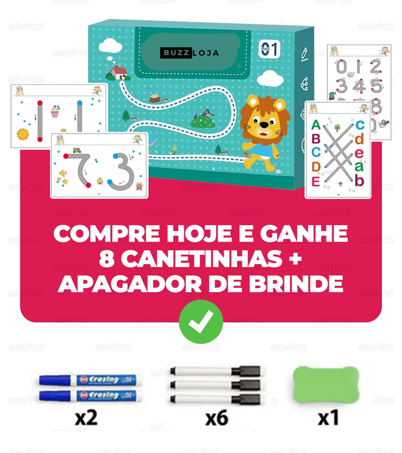 Livro de Desenvolvimento Infantil Buzz® + 8 Canetinhas e Apagador de Brinde