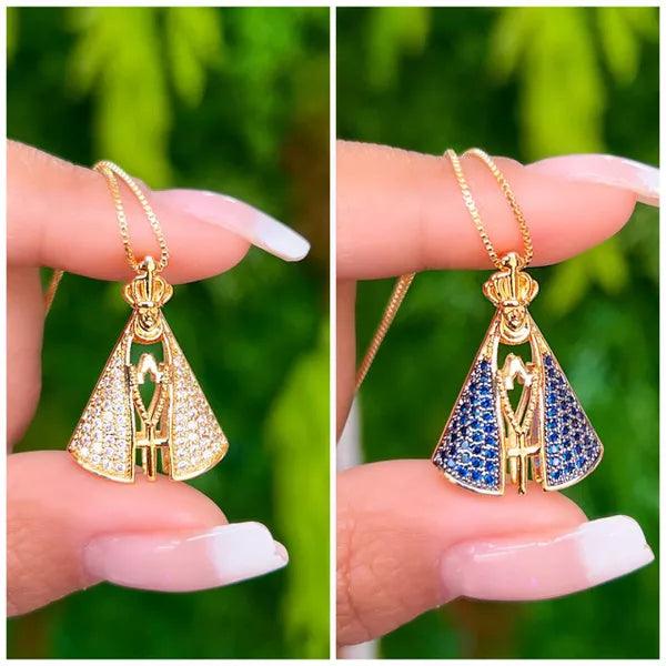Colar Feminino Nossa Senhora Aparecida Banhado a Ouro 18k + Pedras de Zircônia (Dupla Face)